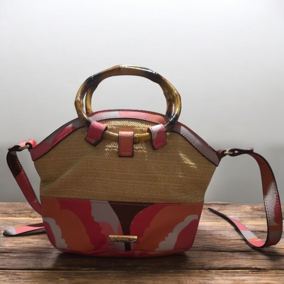 Trina Turk Pink and Tan Crossbody Bag with Bamboo Handle - Picture 1 of 4